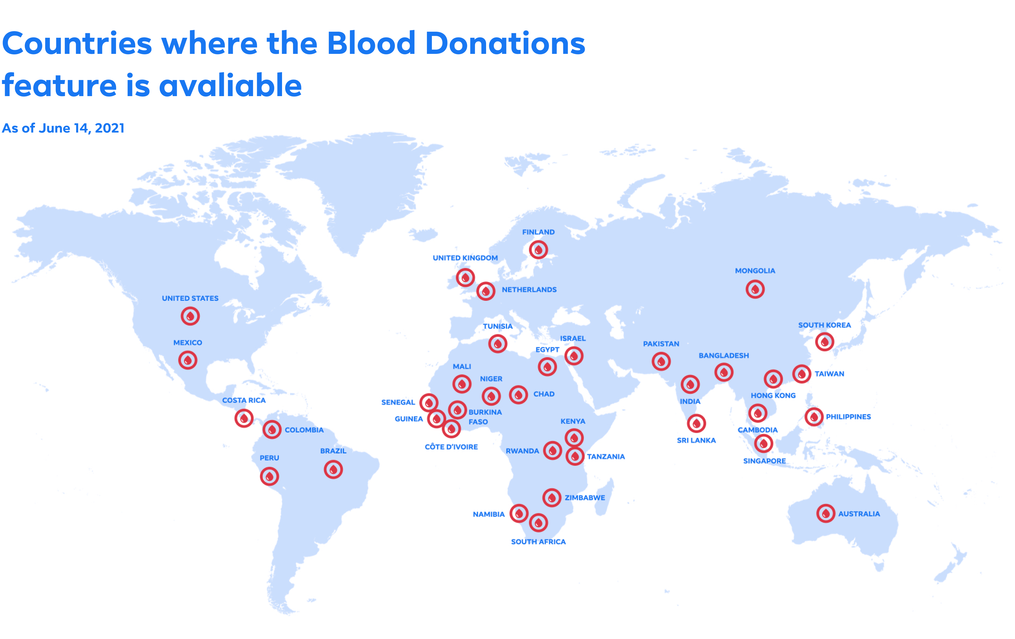 Map of countries where the Blood Donations feature is available